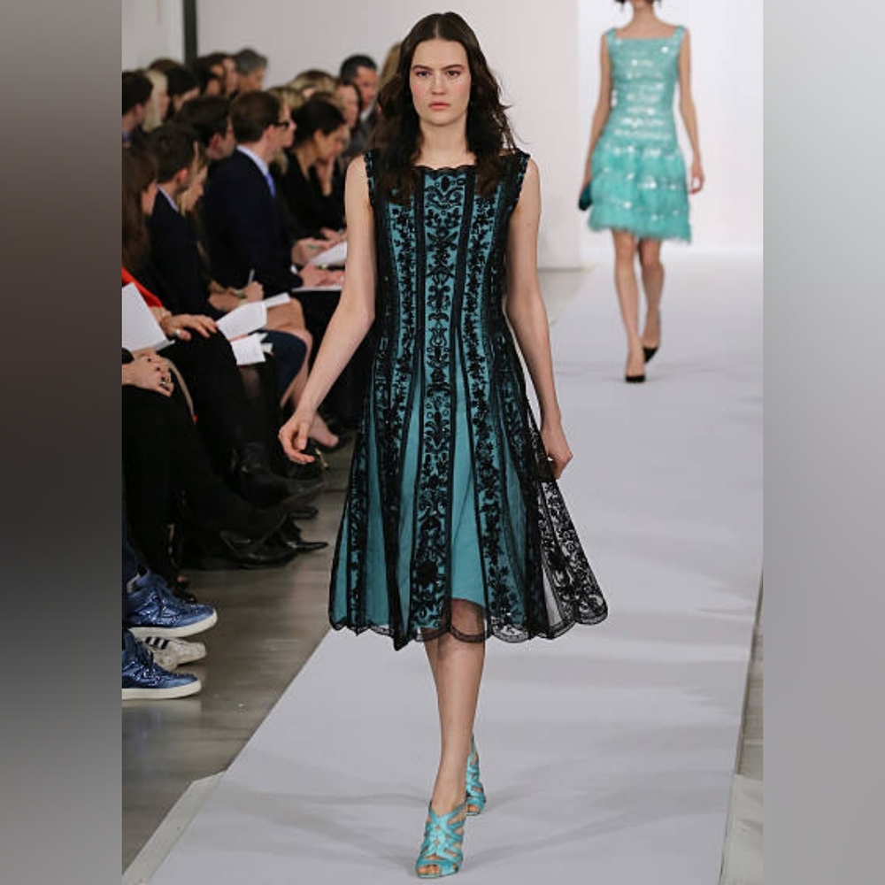*♡$6,000 OSCAR DE LA RENTA EXCLU BEAD SILK FLORAL BLUE BLACK RUNWAY DRESS S, 14